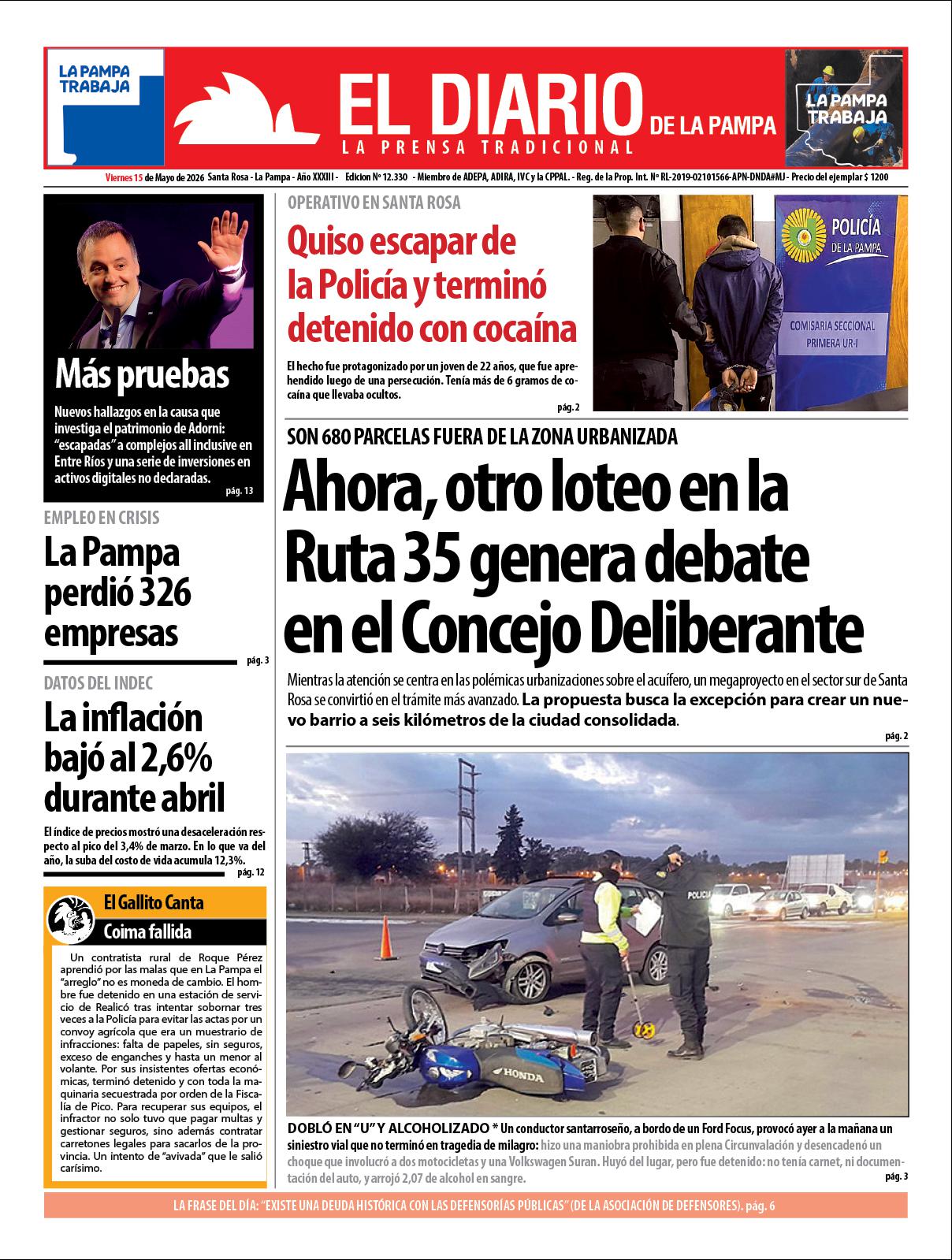 Tapa de El Diario en papel  viernes 15 de mayo de 2026